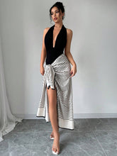 Women's Backless Halter Bodysuit And Striped Tie-Wrap Skirt Set